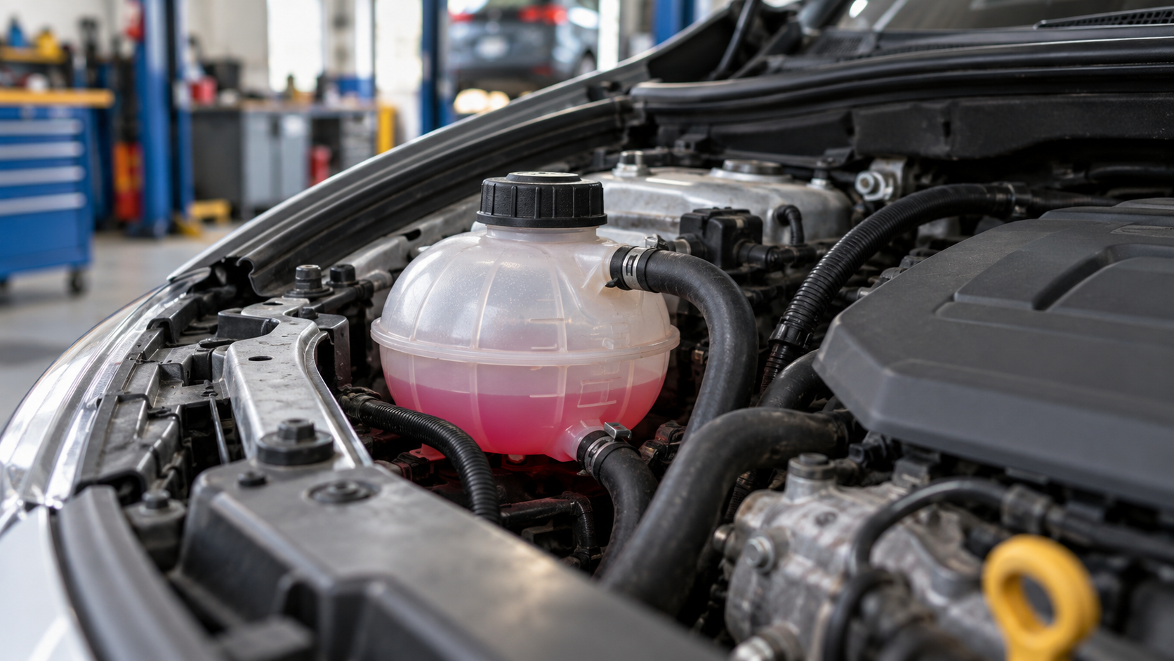 Vaschetta traslucida del liquido refrigerante con fluido rosa e tappo chiuso nel vano motore di un’auto in officina
